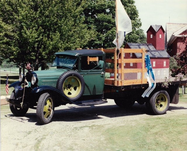 Picture of Float with Old Red Mill replica on Gary Irish’s 1931 Ford Truck Memorial Day 1984