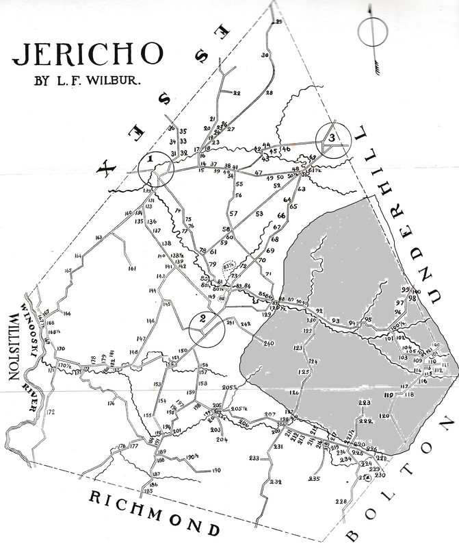 Image: Jericho map - 1913, from the History of Jericho (volume 1).  Darker area approximates the area of the current Ethan Allen Firing Range.