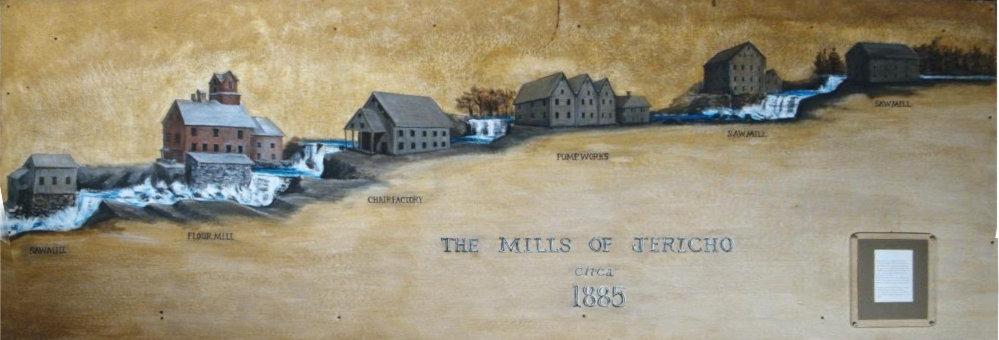 Picture 26 – This is an illustration of the various mills that were once on the Brown’s River in Jericho Corners which was done by Rob Towne, at that time an officer of the society, for the museum.  It shows, from left to right, the Curtis sawmill on water power #1, Chittenden Mills on site #2, then it skips site #3, which was inaccessible and never used, then water power #4, the Jericho Chair Factory, site #5, the Field’s pump works, site #6, a sawmill where lumber was both sawn for commercial sale and also to supply the pump works, and site #7, variously used for a saw mill, a box factory, where boxes were made for the cheese factory at Riverside, and an oil mill, where flax seeds were pressed to make linseed oil.
